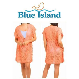 Blue Island Women's Orange Lace Swim bathingsuit Cover-up Kimono Tunic S…